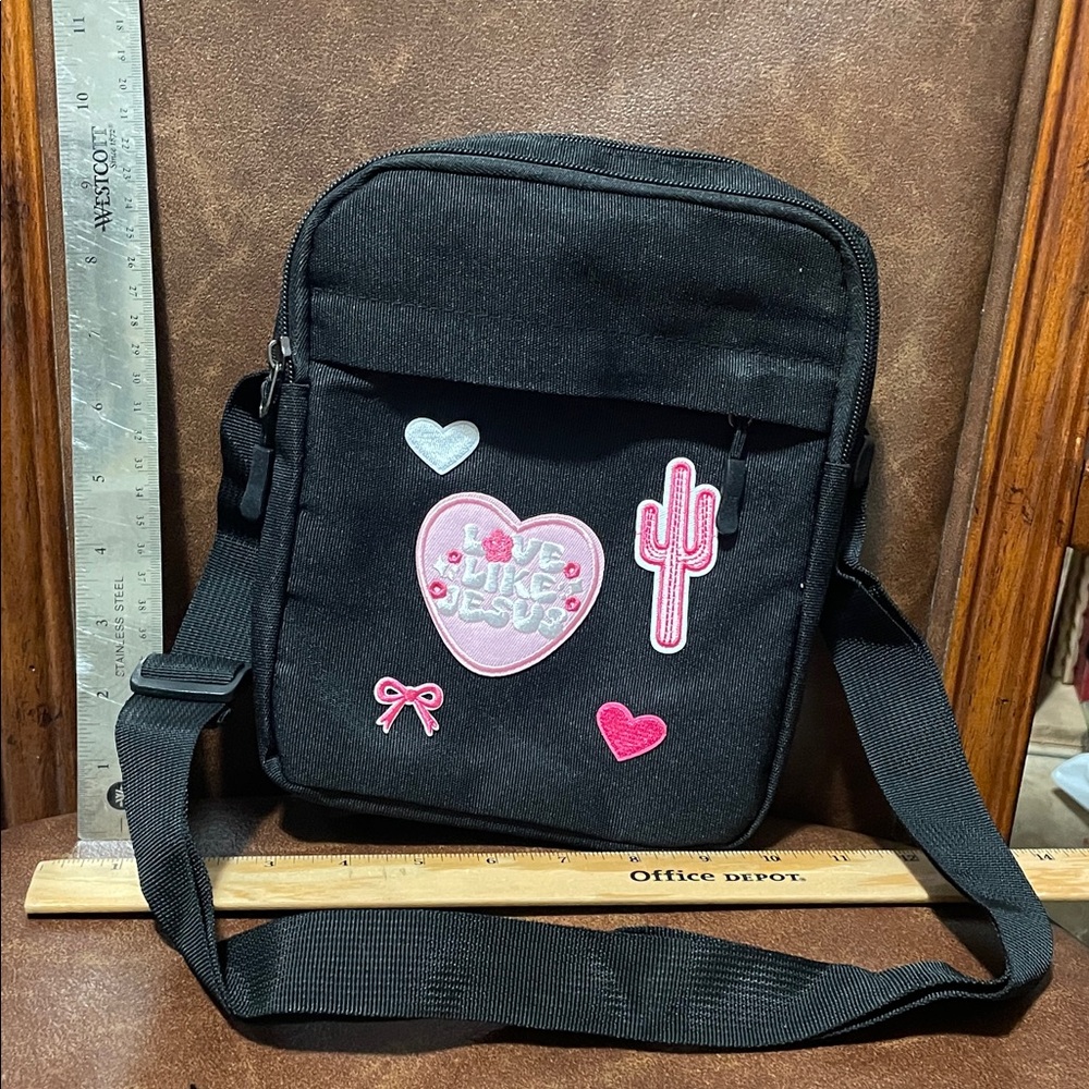 Black Crossbody Bag with Pink Patches